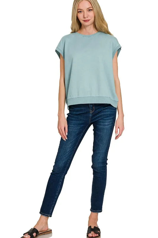 French Terry Round Neck Cap Sleeve T-Shirt - Blue Gray