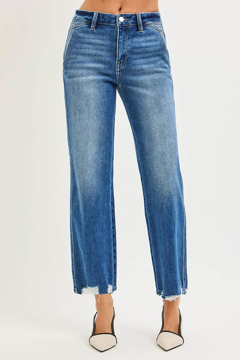 Risen High Rise Ankle Straight Distressed Hem Jeans