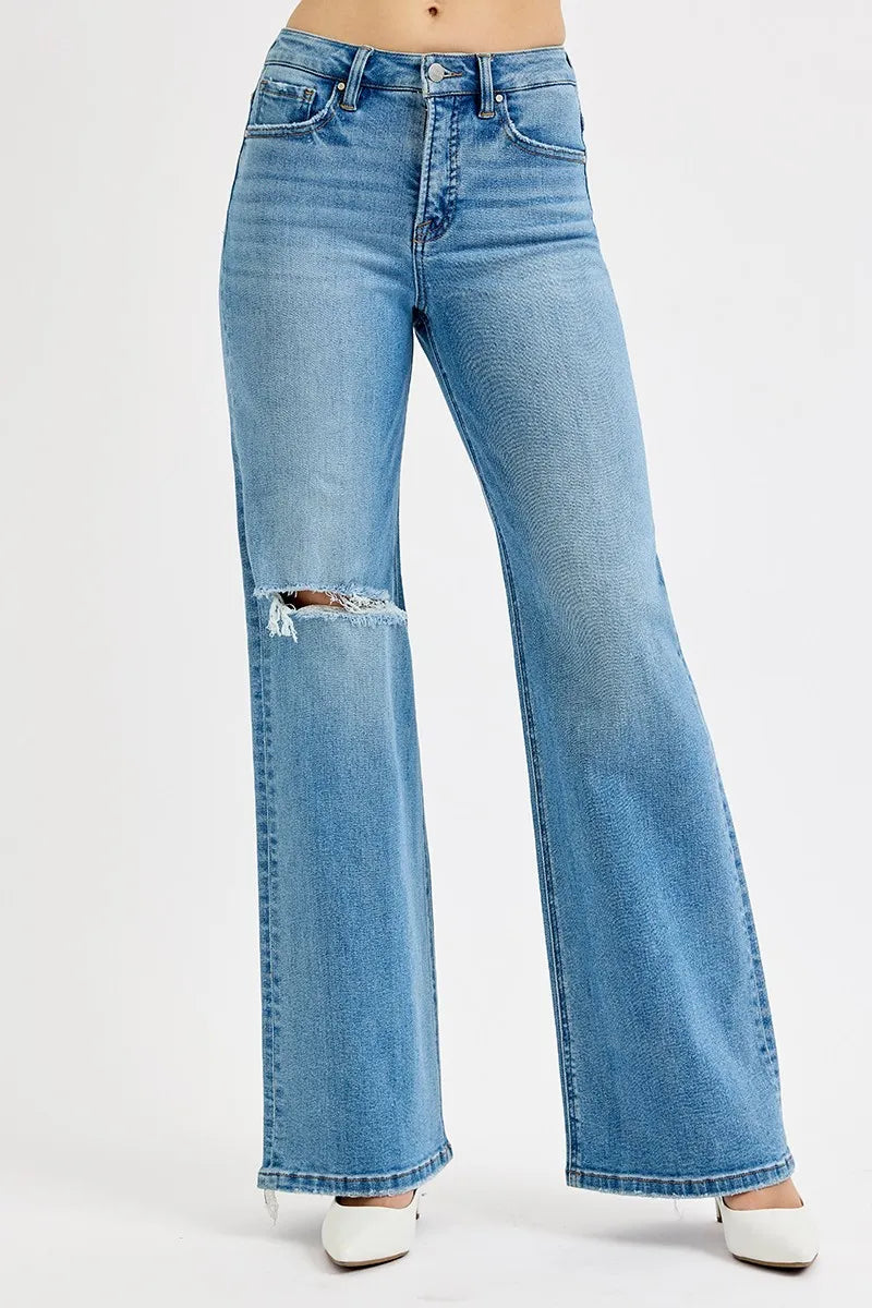 Risen Tummy Control Knee Distress Wide Leg Jeans