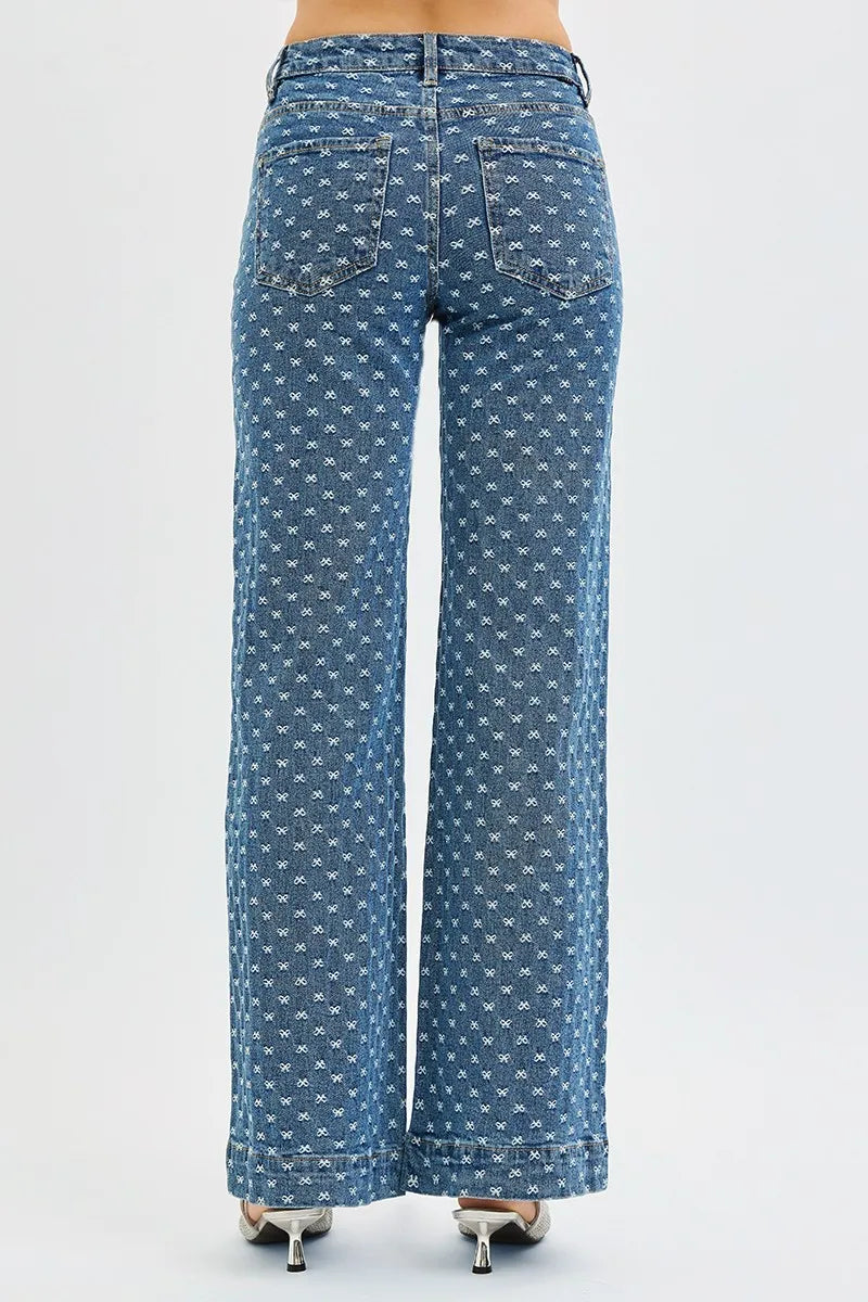 Risen High Rise Wide Leg Bow Embroidered Jeans
