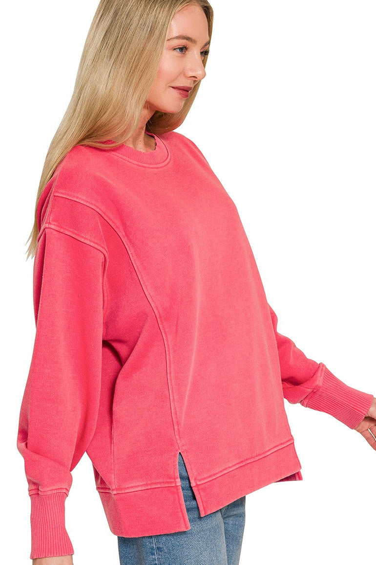 Zenana Pigment Dye Exposed-Seam Fleece Sweatshirt in Ruby Red