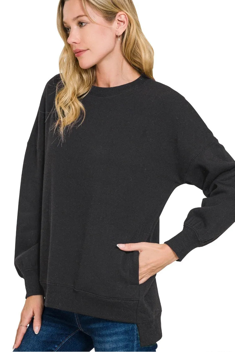 Fleece Hi-Low Boyfriend Sweatshirt with Pockets - Black