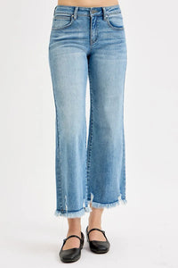 Risen Mid Rise Crop Wide Leg Frayed Hem Jeans