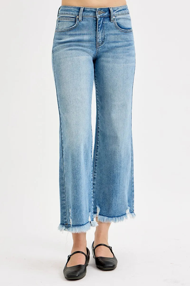 Risen Mid Rise Crop Wide Leg Frayed Hem Jeans
