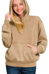 Fleece Mineral Wash Basic Hoodie in Deep Camel