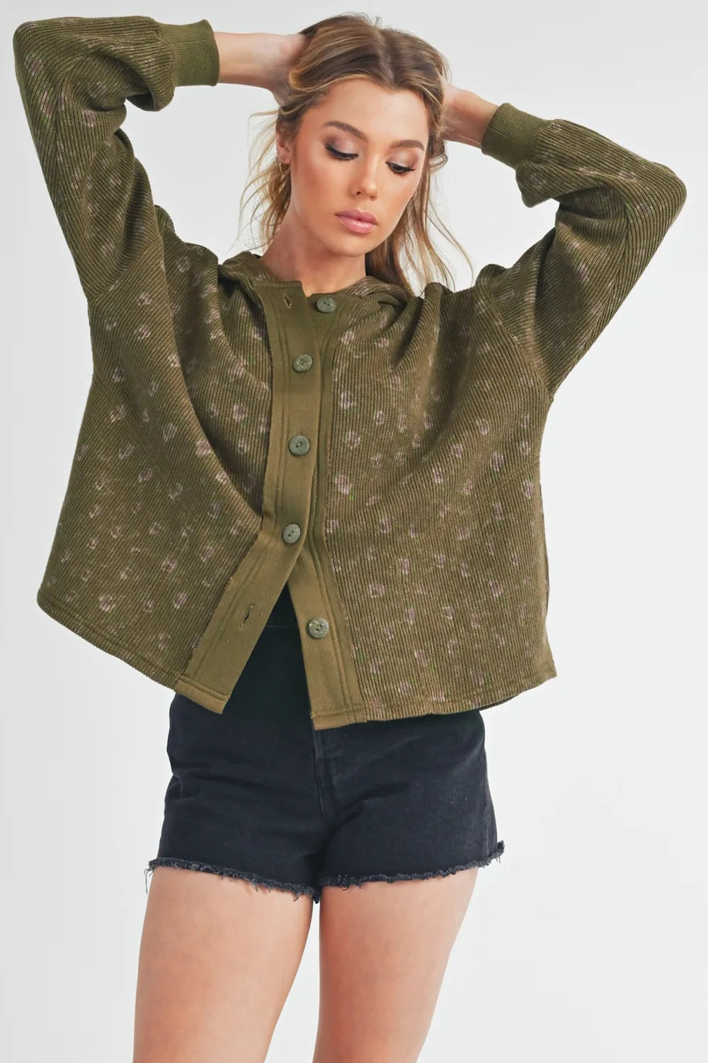 Aemi + Co Olive Floral Button Up Hooded Sweatshirt