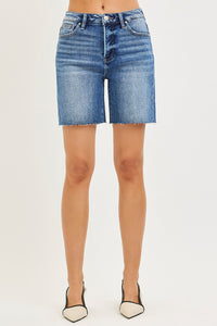 Risen Tummy Control High Rise Raw Cut Hem Denim Shorts