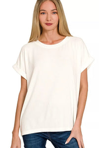 Soft Melange Hacci Short Sleeve Round Neck Top in Ivory