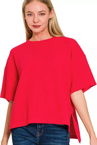 Double Knit Side Slit Hi Low Short Sleeve Top in Ruby Red