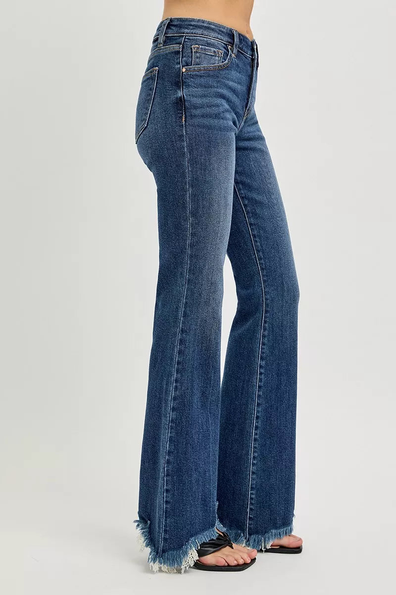 Risen Mid Rise Dark Wash Frayed Hem Flare Jeans