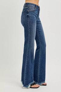 Risen Mid Rise Dark Wash Frayed Hem Flare Jeans
