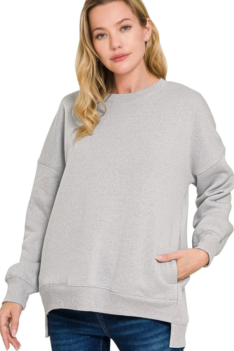 Fleece Hi-low Boyfriend Sweatshirt with Pockets - Heather Grey