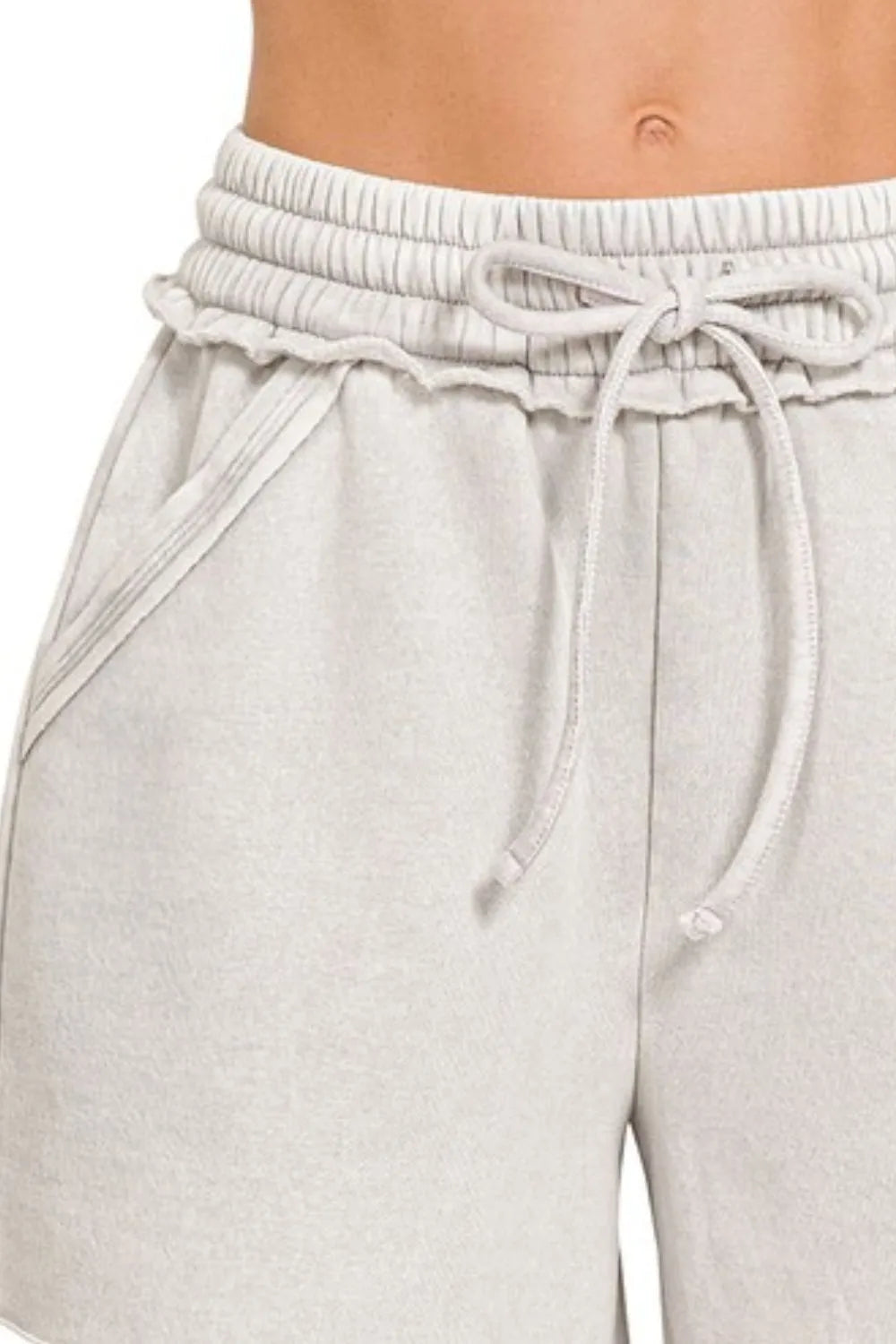 Acid Wash Fleece Drawstring Shorts with Pockets - Light Cement