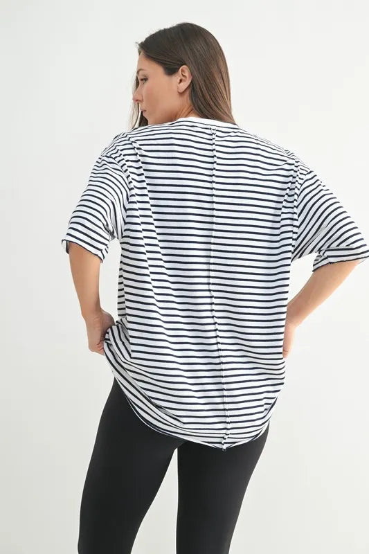 Mono B Coastal Cotton Striped Oversized Crewneck Tee