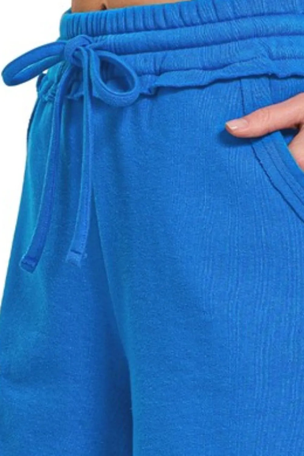 Zenana Fleece Raw Hem Shorts with Drawstring in Ocean Blue