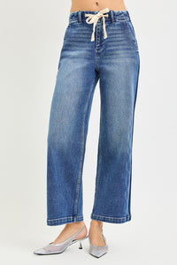 Risen High Rise Drawstring Waist Cropped Wide Leg Jeans