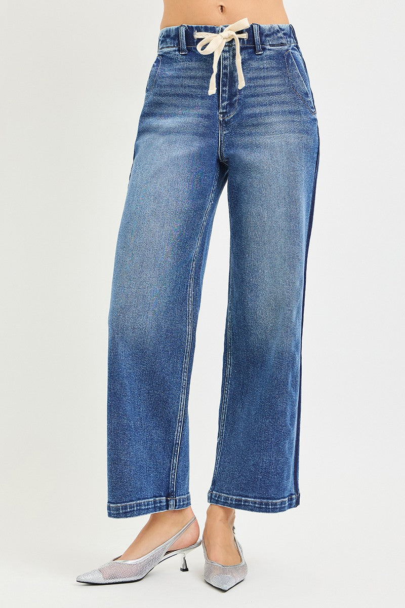 Risen High Rise Drawstring Waist Cropped Wide Leg Jeans