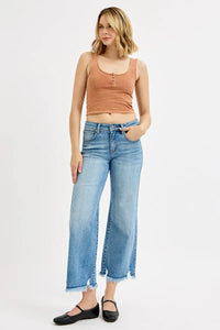 Risen Mid Rise Crop Wide Leg Frayed Hem Jeans