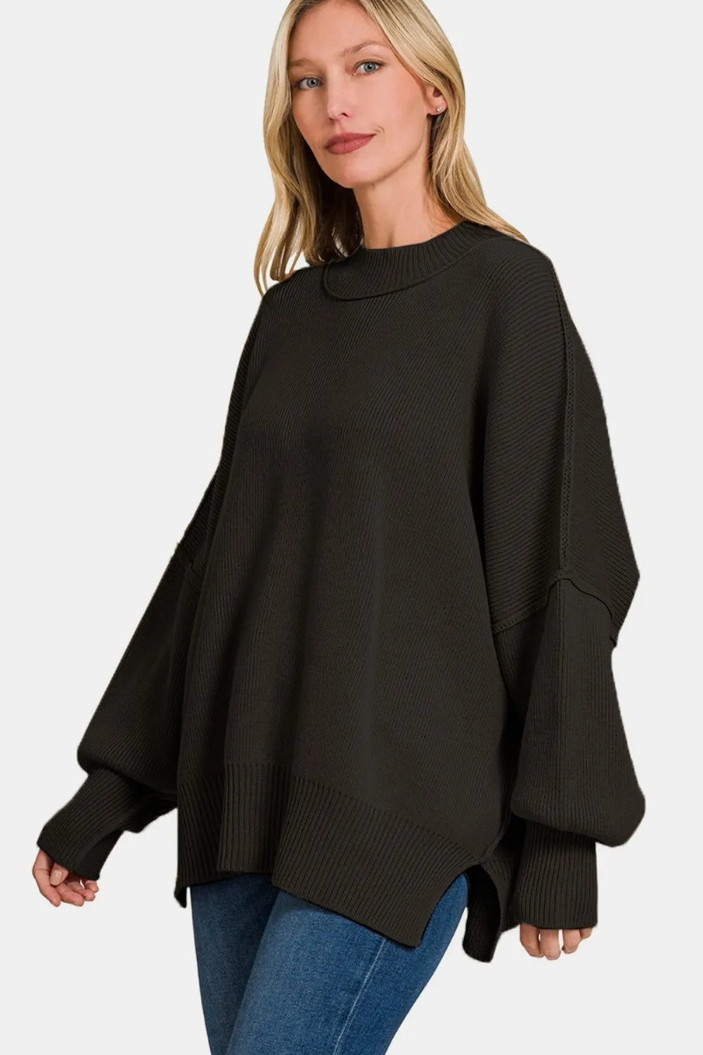 Slouchy Side Slit Oversized Sweater in Black
