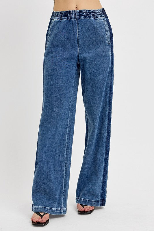RISEN High Rise Elastic Waist Wide Leg Jeans RDP5893 
