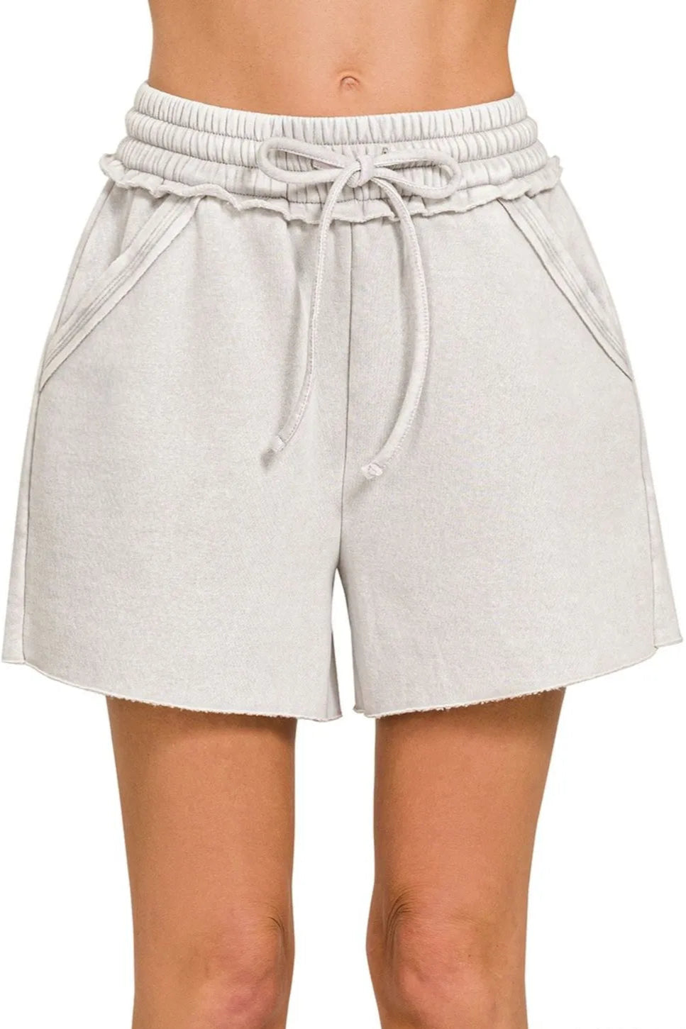 Acid Wash Fleece Drawstring Shorts with Pockets - Light Cement