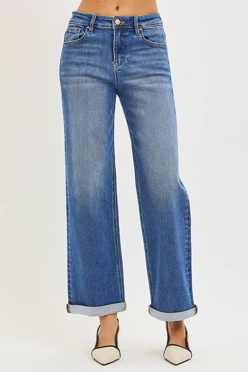 Risen High Rise Relaxed Fit Ankle Straight Cuffed Jeans