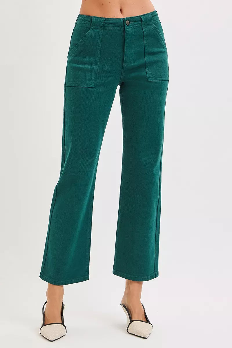 Risen High Rise Ankle Flare Patch Pocket Jeans in Hunter Green