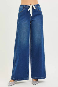 Risen Mid Rise Side Pintuck Wide Leg Jeans 
