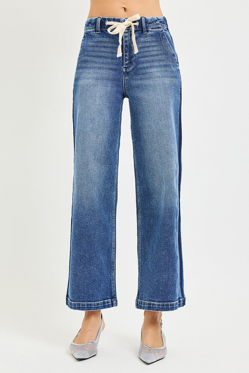 Risen High Rise Drawstring Waist Cropped Wide Leg Jeans
