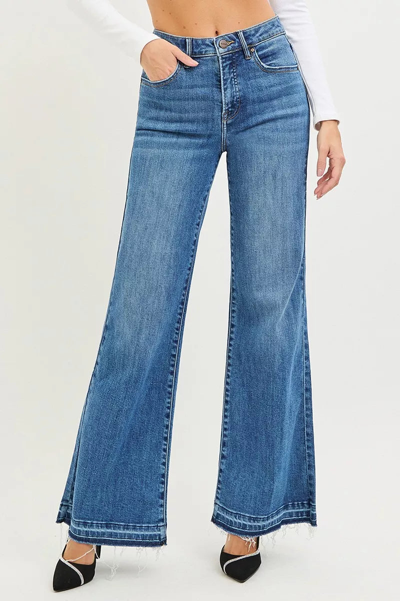 Risen High Rise Release Hem Wide Leg Jeans
