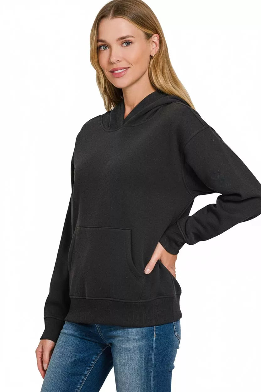Zenana Fleece Kangaroo Pocket Hoodie in Black