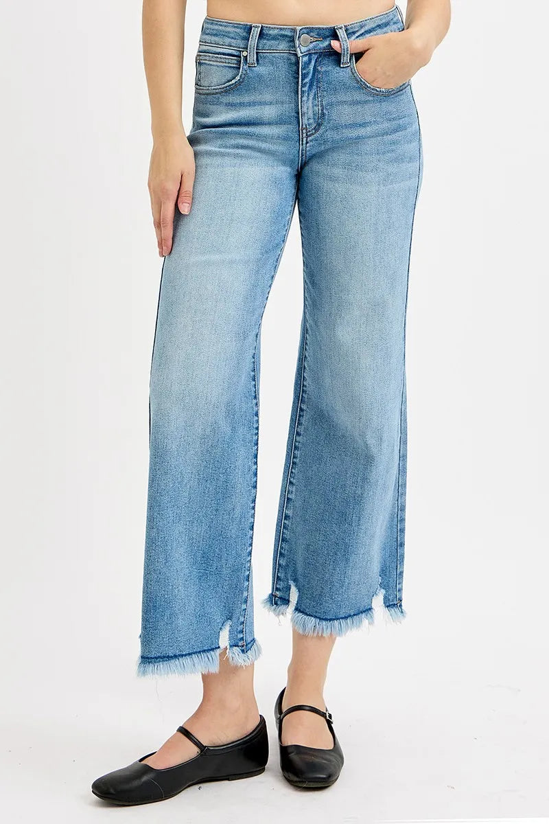 Risen Mid Rise Crop Wide Leg Frayed Hem Jeans