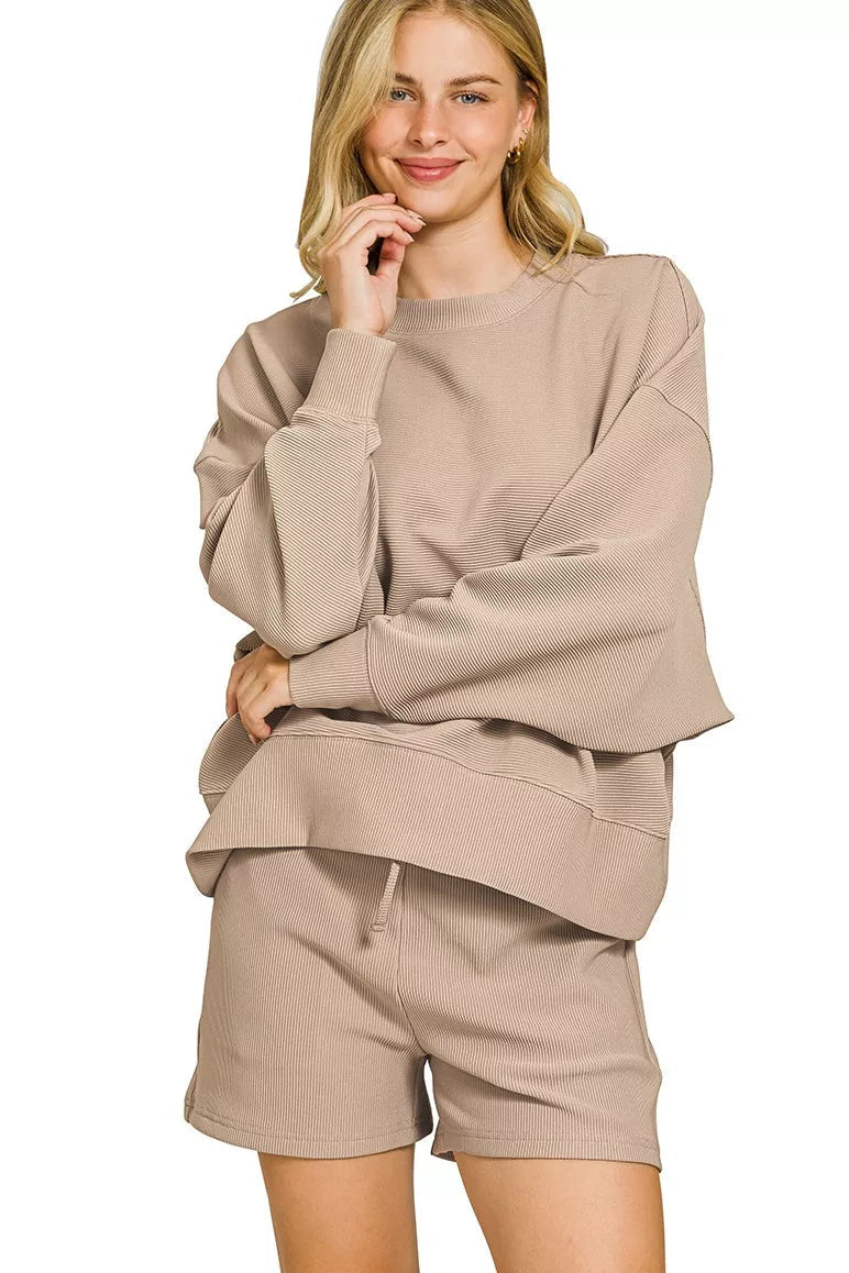 Ribbed Round Neck Pullover and Shorts Set in Ash Mocha