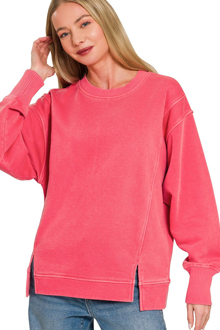 Zenana Pigment Dye Exposed-Seam Fleece Sweatshirt in Ruby Red