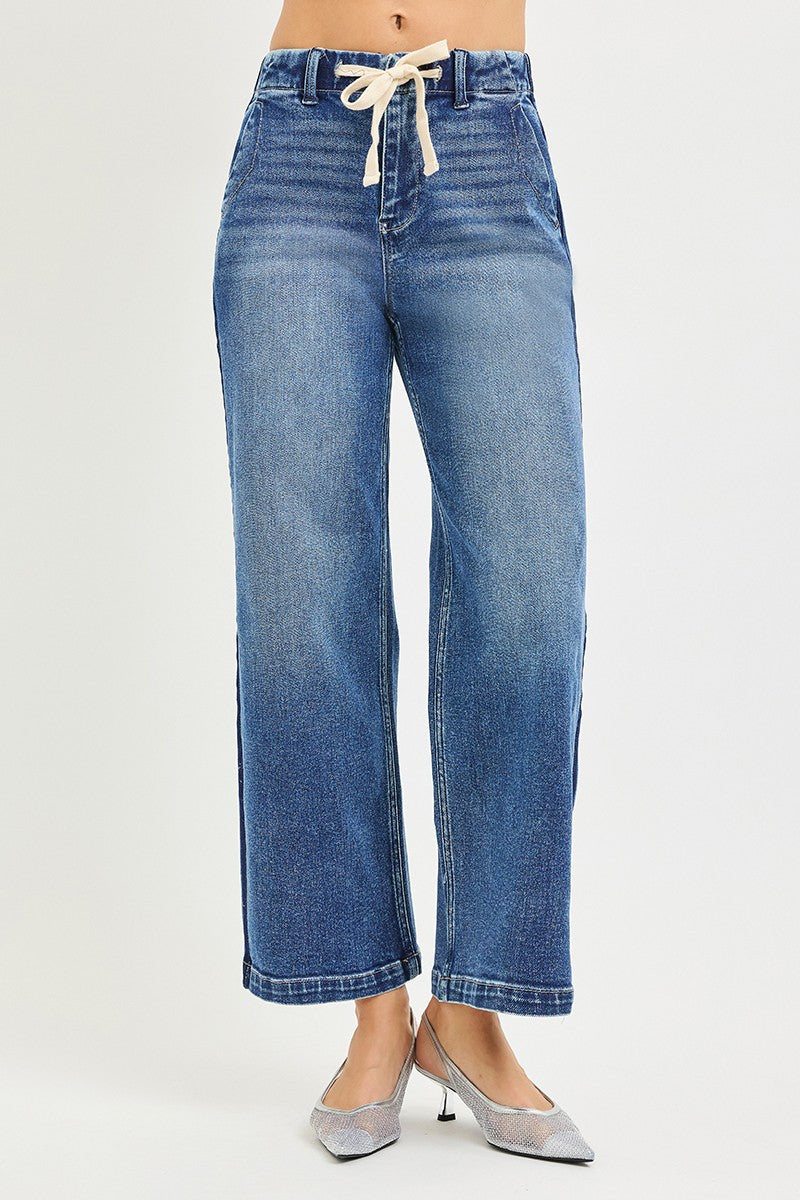Risen High Rise Drawstring Waist Cropped Wide Leg Jeans