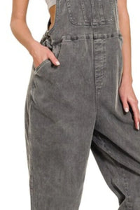 Washed Knot Strap Relaxed Fit Overalls - Ash Black