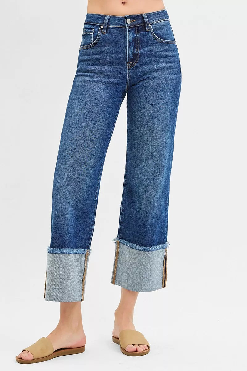 Risen Mid Rise Wide Leg Cuffed Jeans