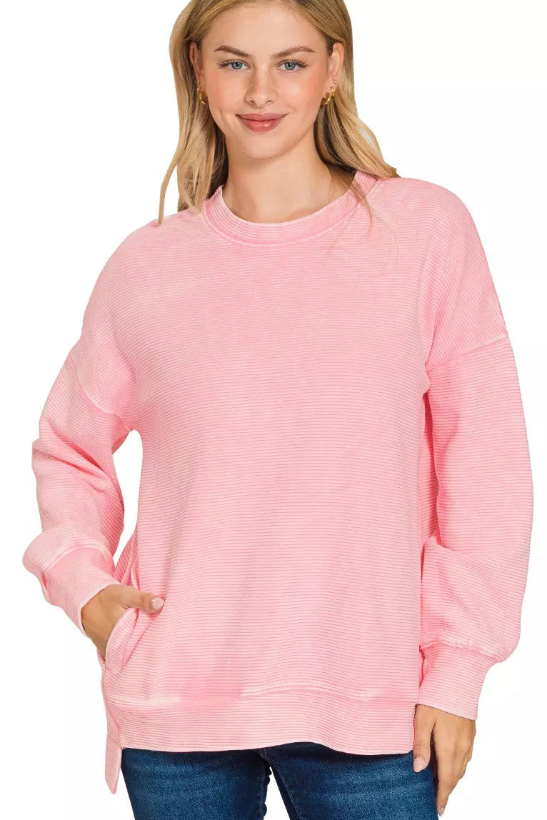 Zenana Acid Washed Double Ribbed Sweatshirt in Dark Pink