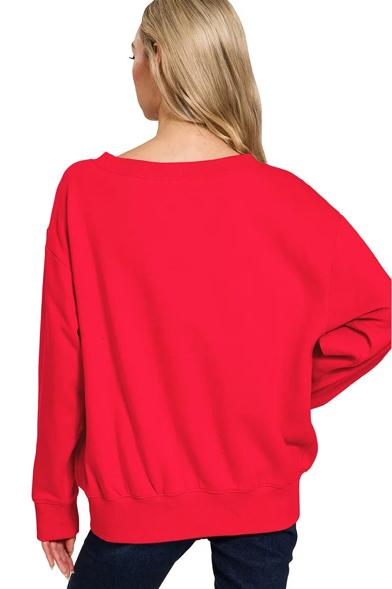 Zenana Fleece Boat Neck Sweatshirt in Ruby Red