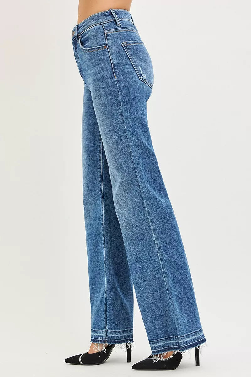 Risen High Rise Release Hem Wide Leg Jeans