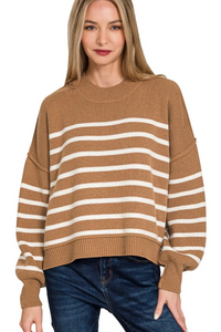 Zenana Deep Camel Exposed Seam Striped Oversized Sweater