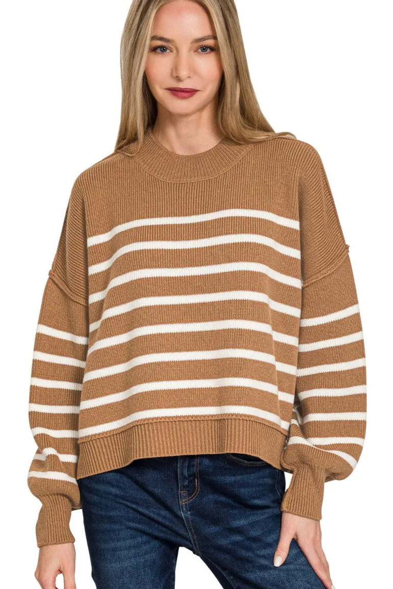 Zenana Deep Camel Exposed Seam Striped Oversized Sweater