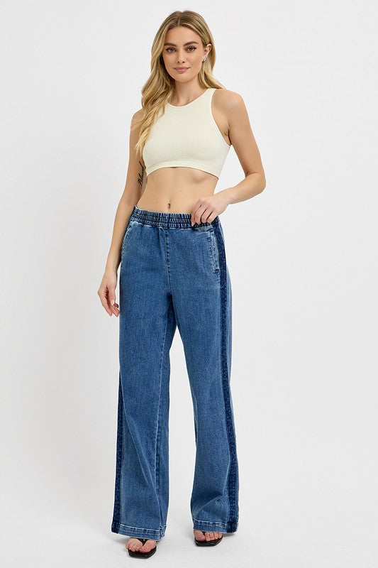 RISEN High Rise Elastic Waist Wide Leg Jeans RDP5893 