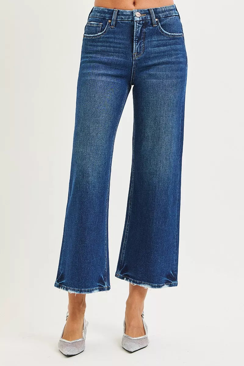 Risen Tummy Control 4 Way Stretch High Rise Crop Wide Leg Jeans