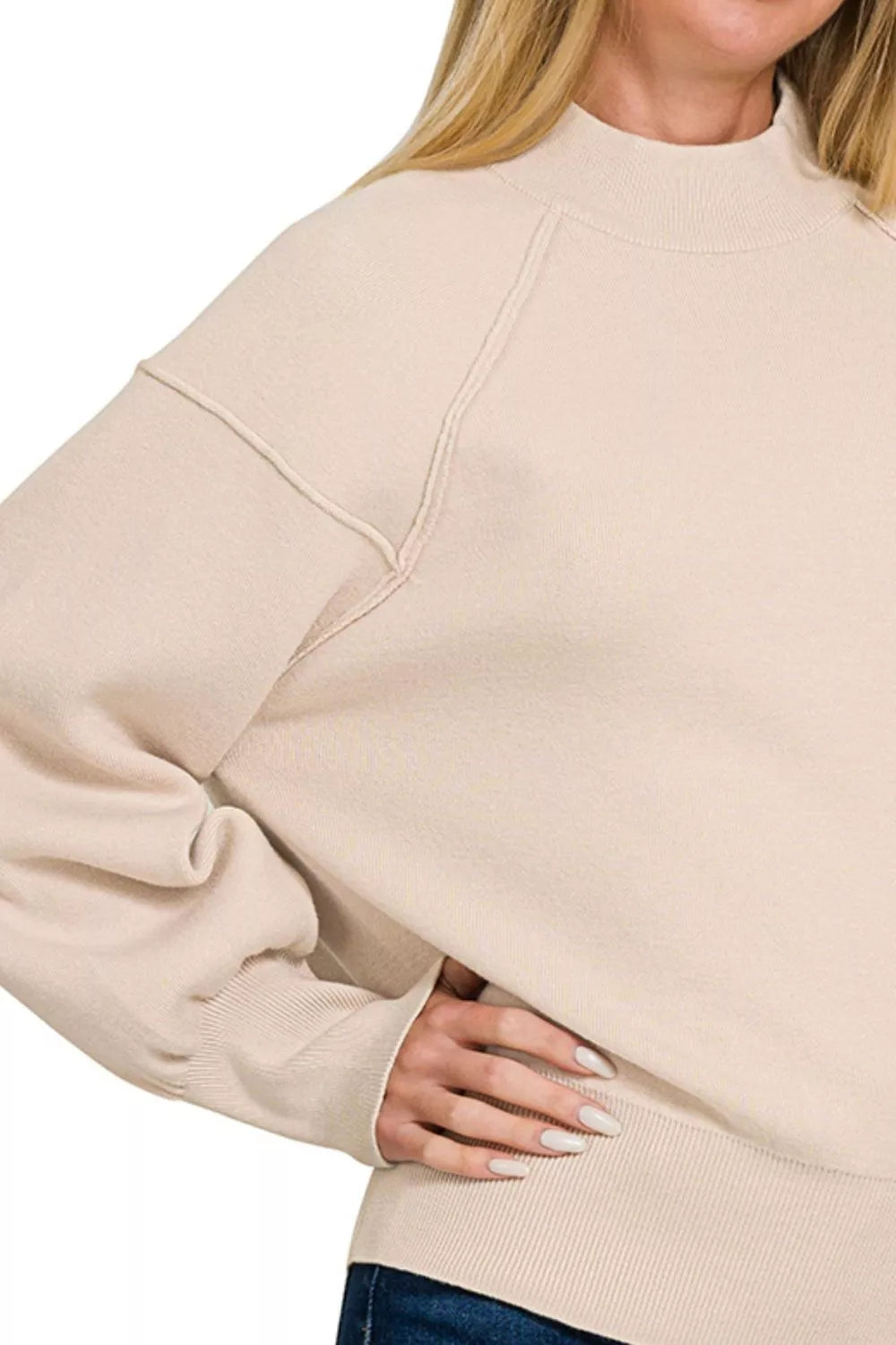 Sand Beige Mock Neck Exposed Seam Sweater