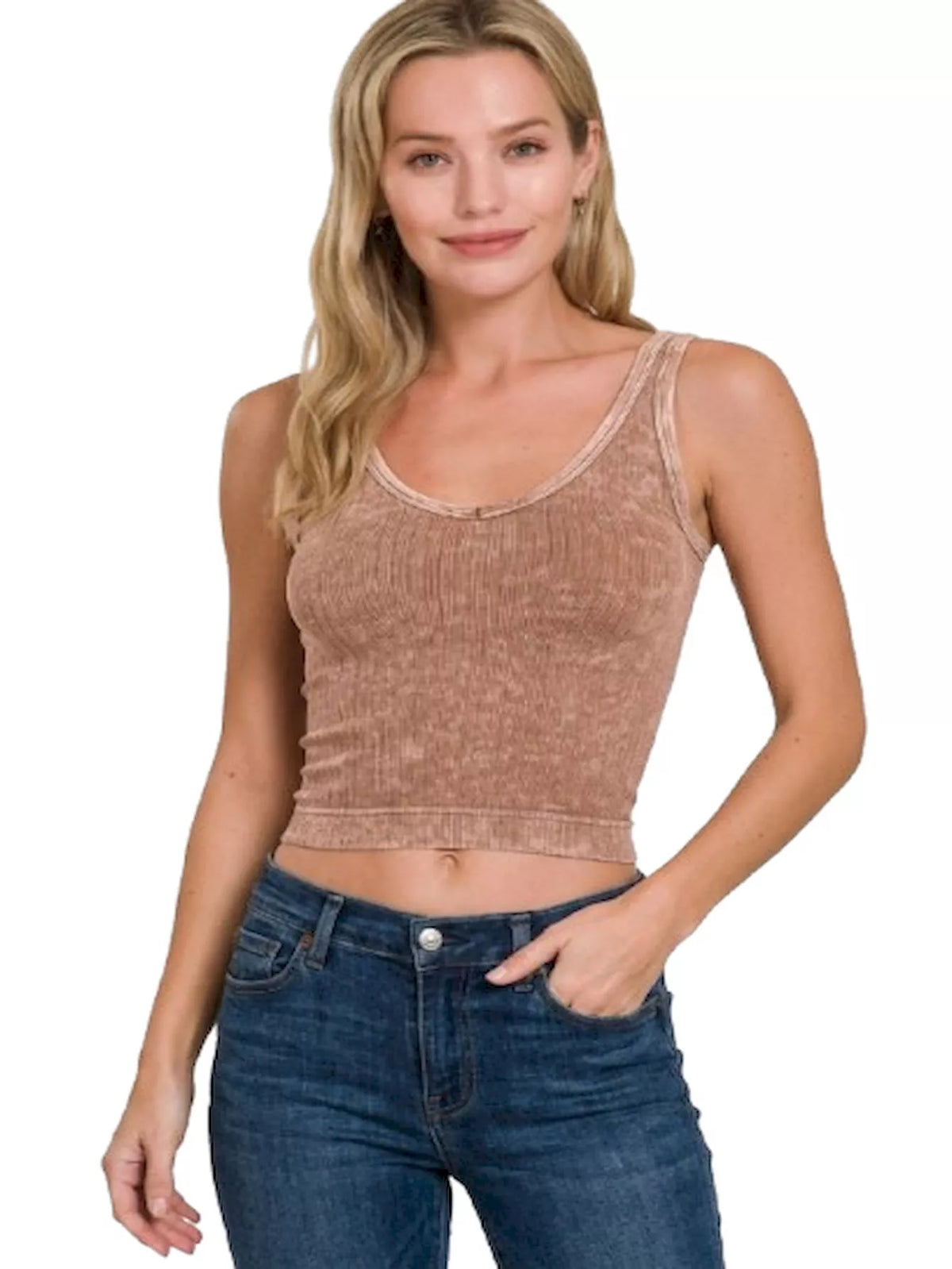 Zenana Washed Ribbed Seamless Cropped V-Neck Tank Top in Deep Camel