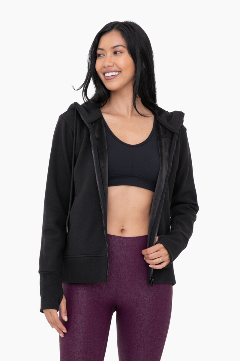 Mono B Plush Lined Zip Up Hoodie in Black KJ11948
