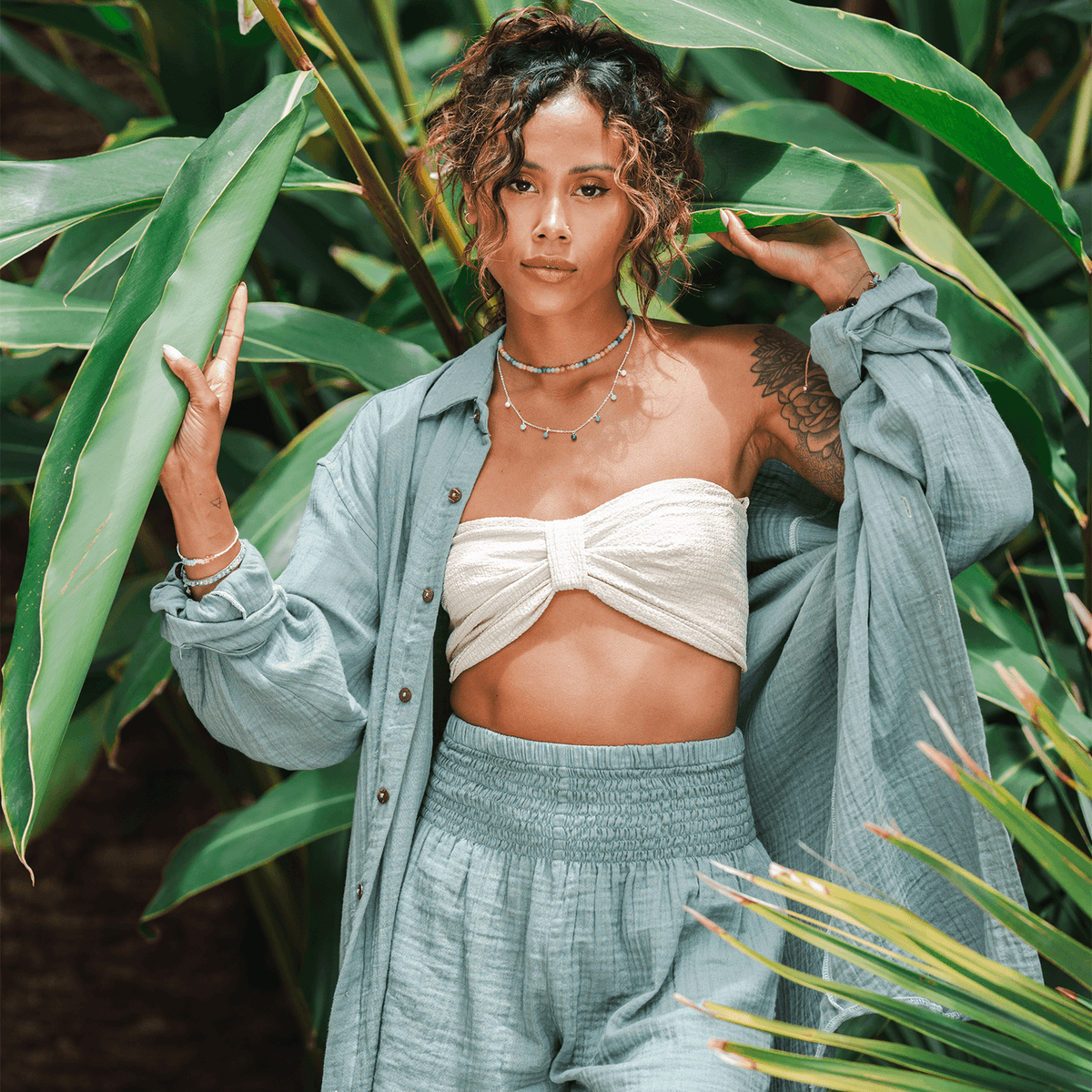 Lotus and Luna Sage Boyfriend Button Up Cotton Shirt