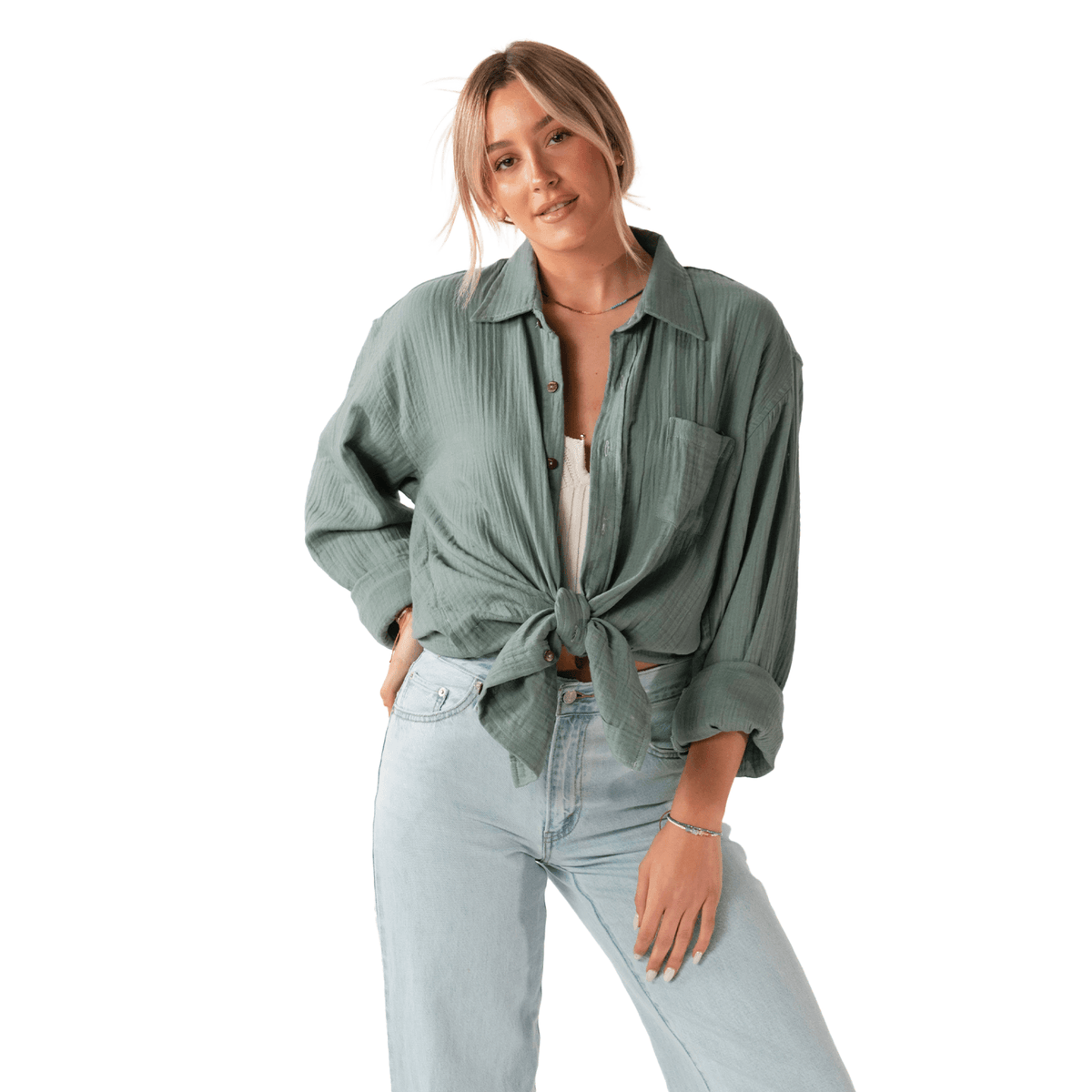Lotus and Luna Sage Boyfriend Button Up Cotton Shirt