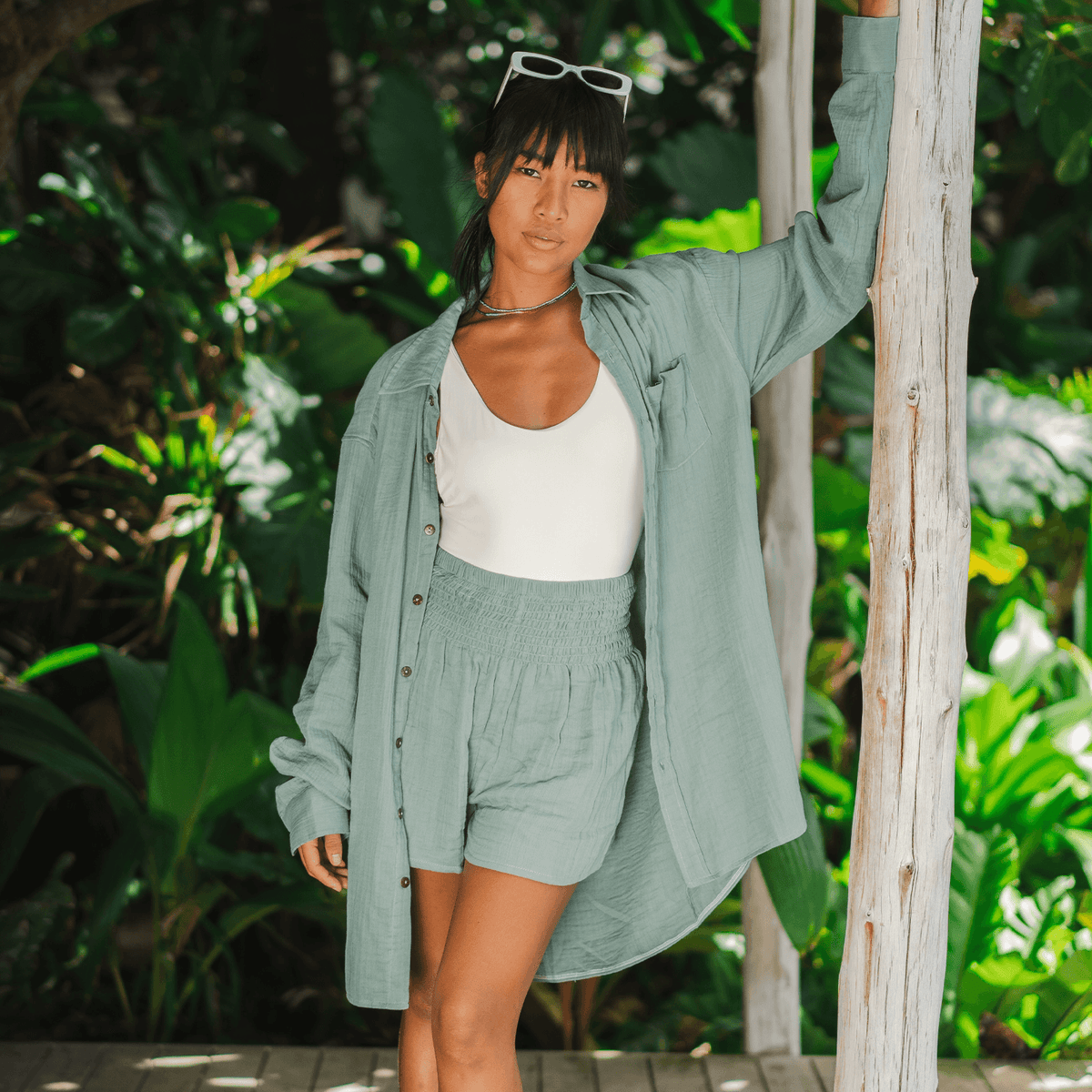 Lotus and Luna Sage Boyfriend Button Up Cotton Shirt